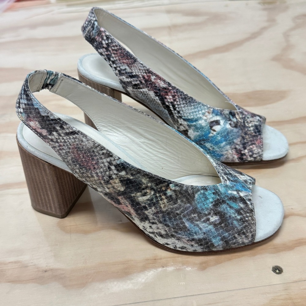 Robertson Madison Blue Snakeskin Leather Peep Toe Slingback Block Heel Shoes 37